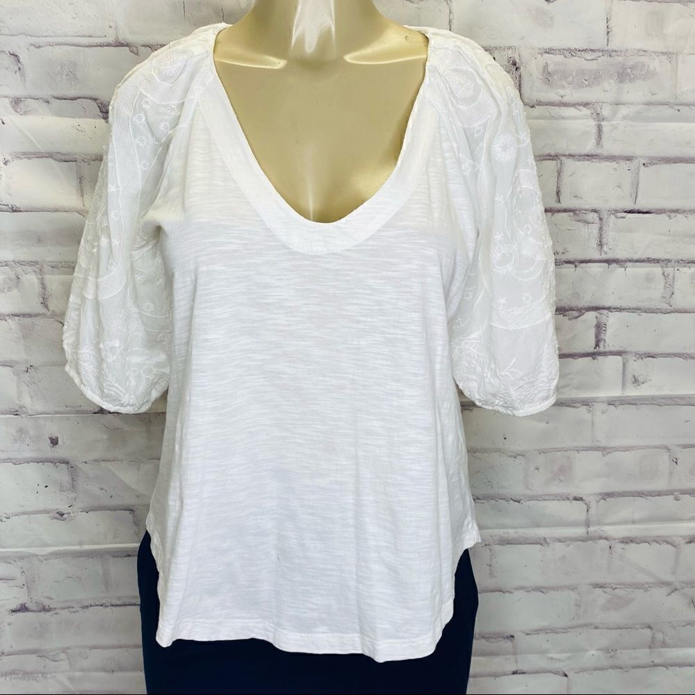 Anthropologie Maeve Bridey White Embroidered Puff Sleeve U-Neck Cotton S - Picture 1 of 9